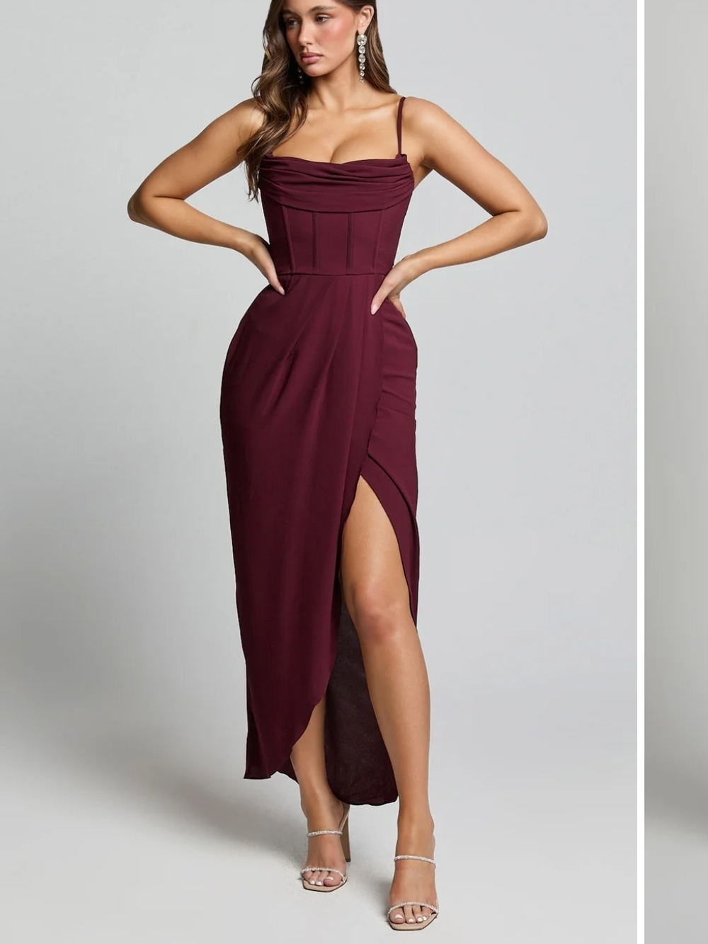 Elegant Burgundy Spaghetti-Strap Slit Dress